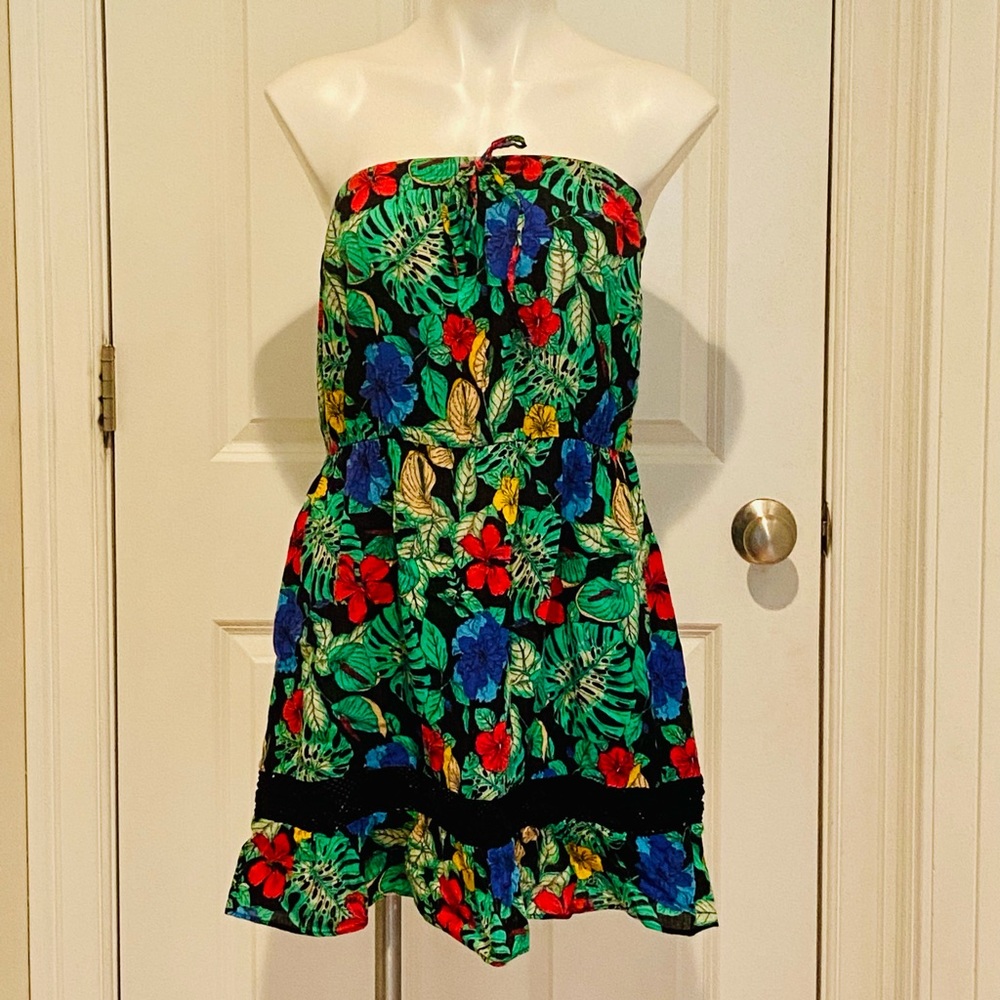 Strapless Dress, Swim, Beach Cover Up by Roxy -Black Crochet Trim-Size XL